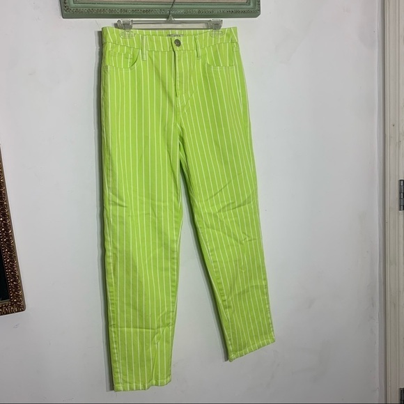 Victor Glemaud Lime Green White Pinstripe Jeans straight skinny size 8 women’s - Picture 7 of 9